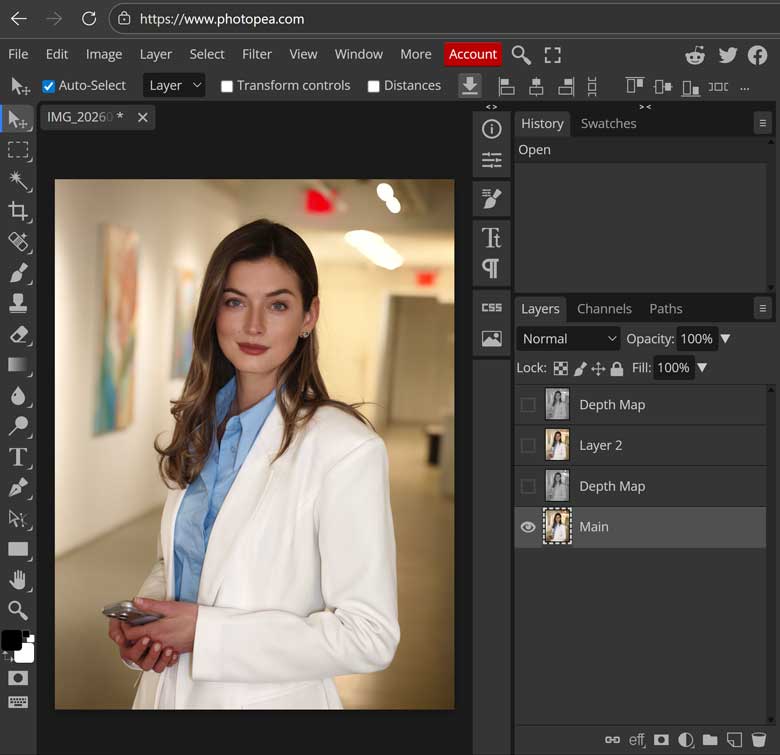Photpea app screenshot showing a photo of Anna Zaia along with the layers created by the Xiaomi 17 Ultra portrait mode photography.