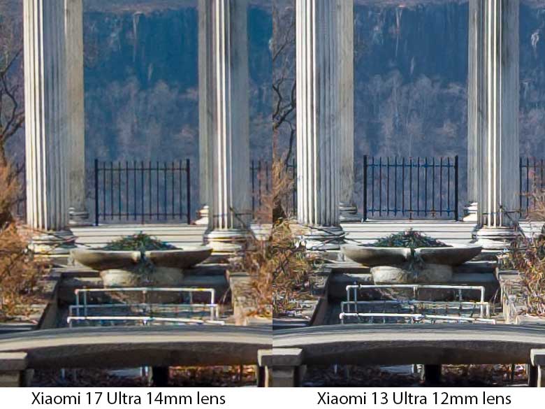 100% crop comparing Xiaomi 17 Ultra with Xiaomi 13 Ultra's ultra-wide angle camera lens.