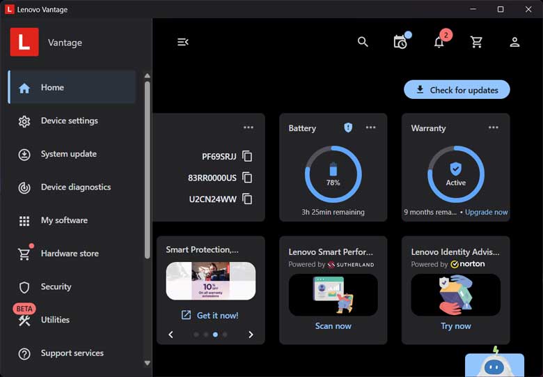 Lenovo Advantage screenshot