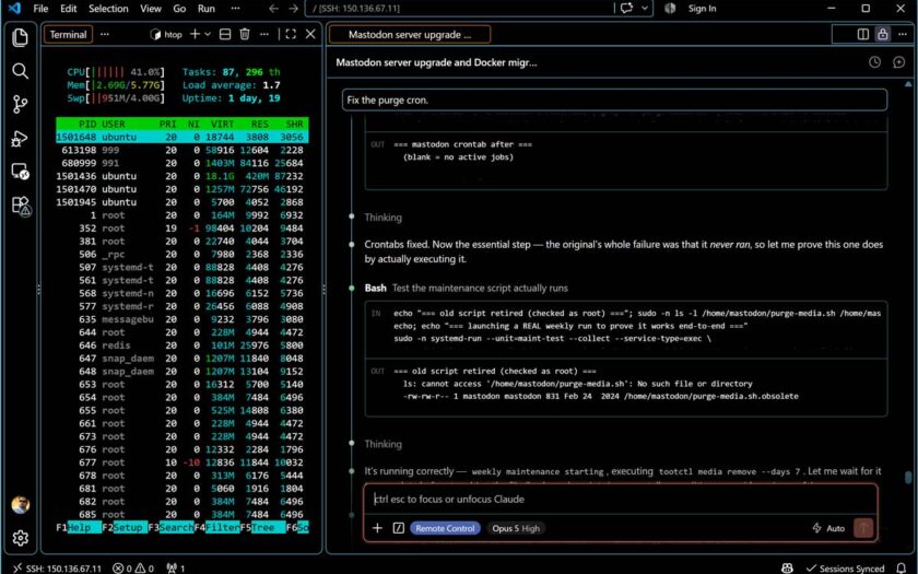Screenshot of VS Code with Mastodon being upgraded via SSH by Claude AI.